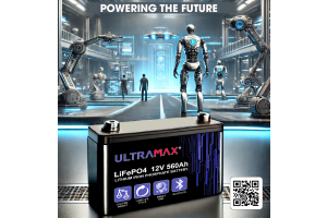 Ultramax LiFePO4 12V 560Ah lithium iron phosphate battery with futuristic robotics background