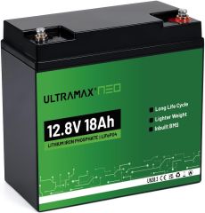ULTRAMAX NEO 12V 18AH LiFePO4 Lithium Battery, Built-in BMS, Lightweight Rechargeable for Ride-On Toys, Fish Finder, Trolling Motor, Solar, UPS, RV, Scooter 