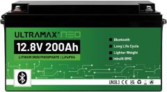 ULTRAMAX NEO 12V 200Ah LiFePO4 Lithium Battery Bluetooth 2560Wh 15,000 cycles 200A BMS Low Temp Cutoff Caravans, Solar, Marine