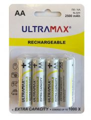 Ultramax Rechargeable AA Size Battery, NIMH 2500 mAh, 1.2v. 4 Batteries in a Pack.