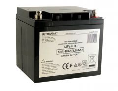 UltraMax Li40-12, 12v 40Ah Lithium Iron Phosphate, LiFePO4 High Capacity Deep Cycle Battery with Charger
