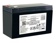 Ultramax LI7.5-12, 12v 7.5Ah Lithium Iron Phosphate LiFePO4 Battery - 7.5A Max. Charge & Discharge Current - Weight 1 Kg