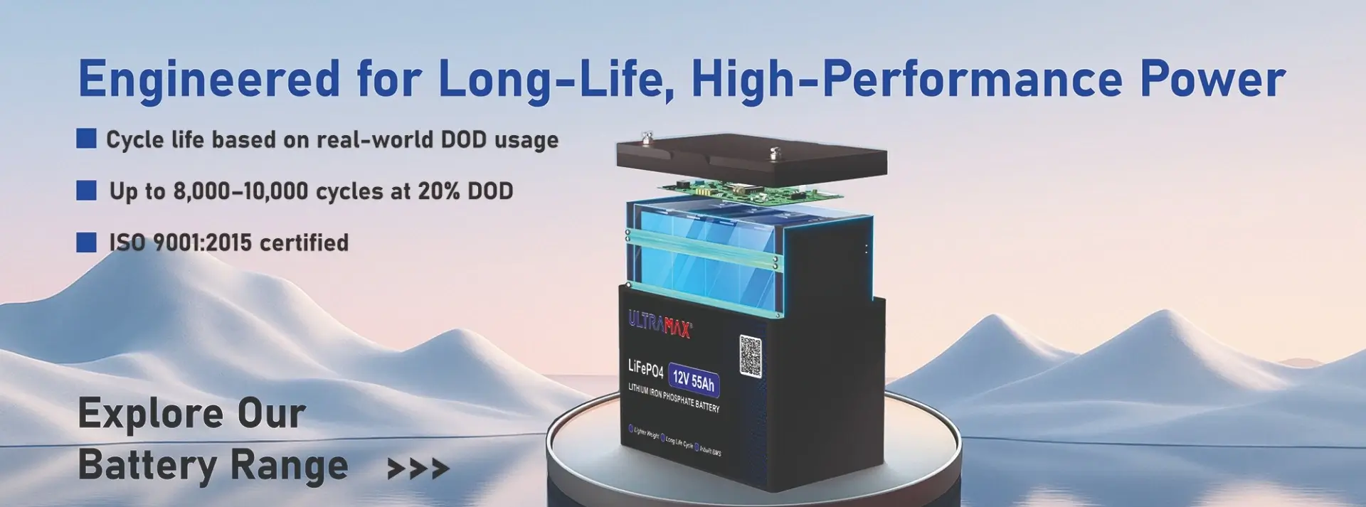 Ultramax LiFePO4 lithium iron phosphate battery engineered for long cycle life and high performance
